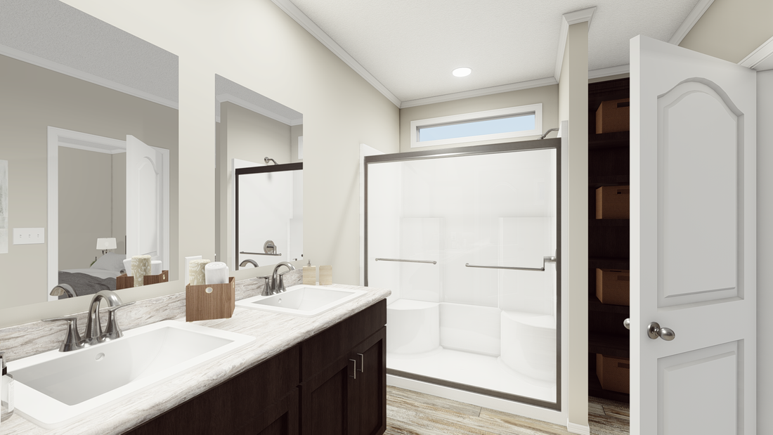 The K1668A Primary Bathroom. This Manufactured Mobile Home features 2 bedrooms and 2 baths.