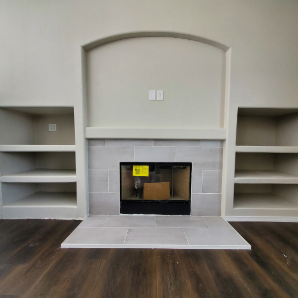 Wood or Gas Fireplace with TV Niche and Entertainment Shelves